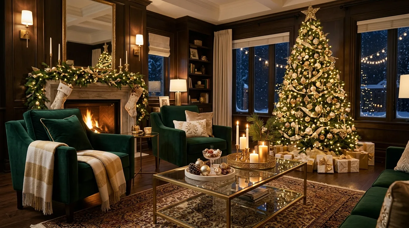 Glamorous holiday lounge with velvet seating and decorated tree.